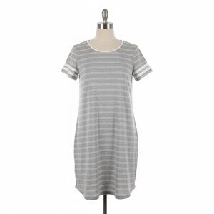 Pink Rose Gray White Striped T-Shirt Dress M Short Shift Swing Rounded Hem